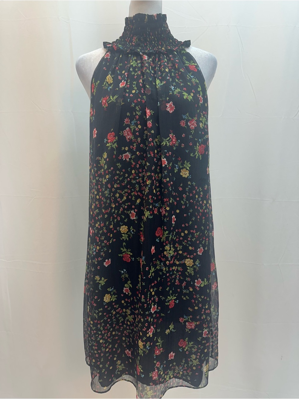 Bailey 44 Black Floral Smocked Neckline Midi Dress L